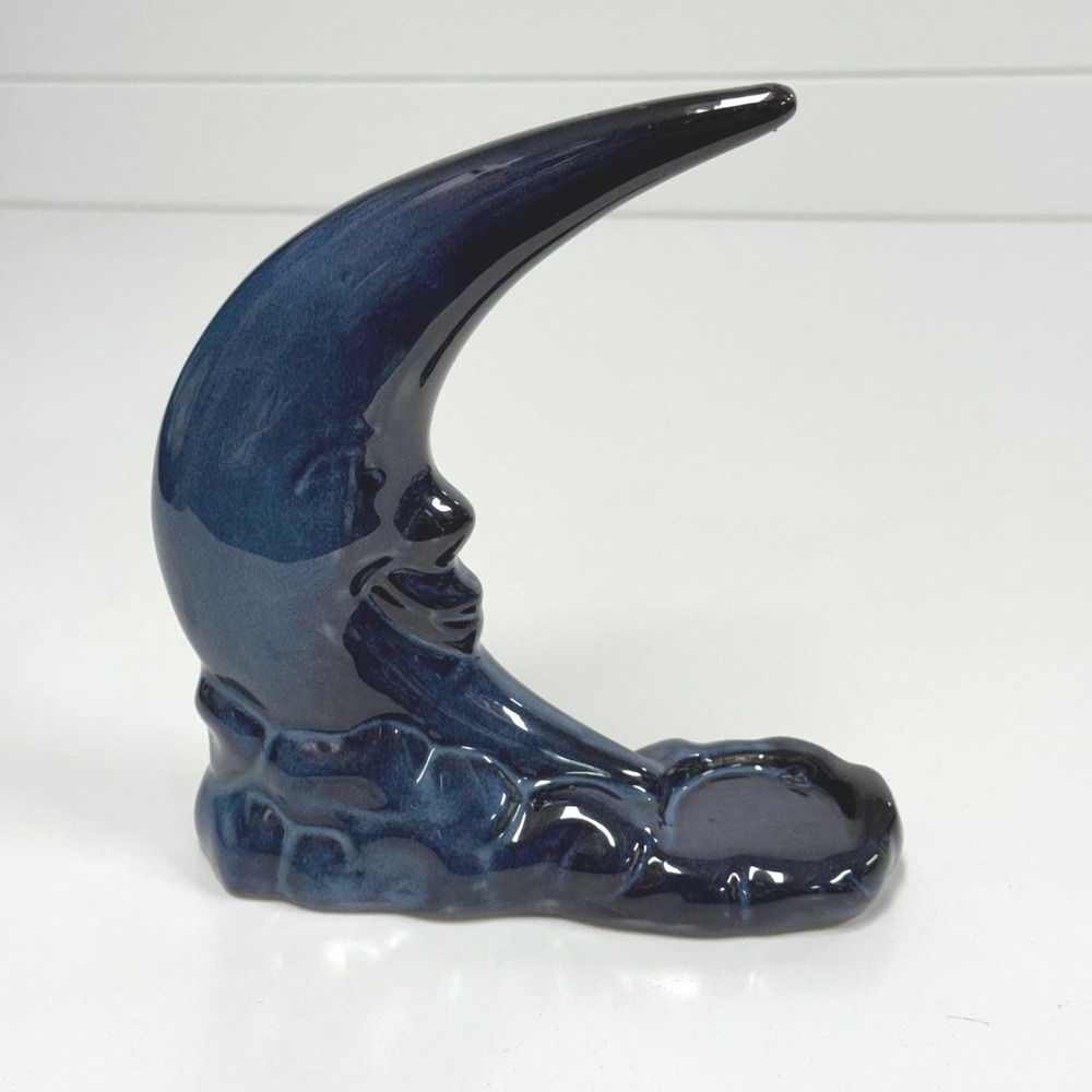 Vintage Blue Ceramic Crescent Man in the Moon Tea Light Candle Holder Celestial